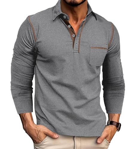 Poloshirt Herren Langarm Polo Shirt Langarmshirt Baumwolle T Shirt Herren Grau Poloshirt Herren Langarm Polo Shirt Langarmshirt Baumwolle T Shirt Herren Grau von Rodawu