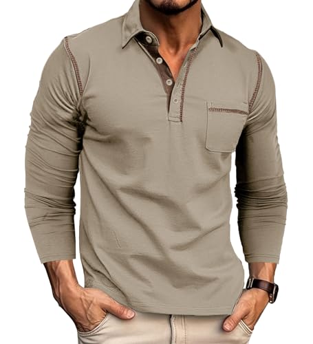 Poloshirt Herren Langarm Polo Shirt Langarmshirt Baumwolle T Shirt Herren Khaki von Rodawu