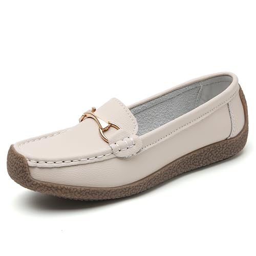 Rodawu Mokassins Damen Schuhe Klassisch Loafers Gemütlich Slip on Freizeitschuhe Flache Fahren Schuhe Slippers Beige EU37 von Rodawu