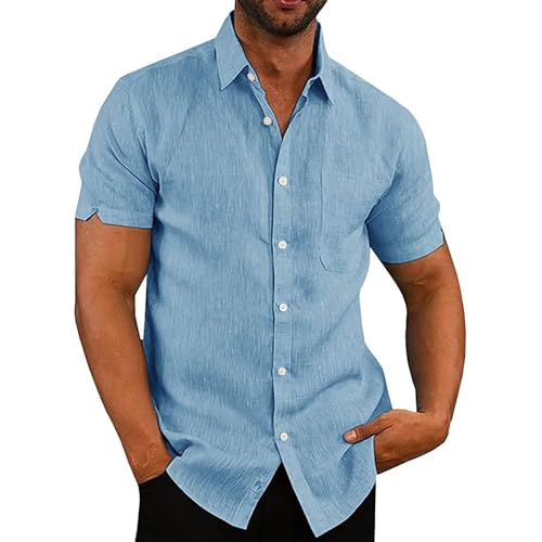 Rodawu Hemd Herren Kurzarm Leinenhemd Hawaii Freizeithemd Leichtes Sommerhemd Blau Hemd Herren von Rodawu