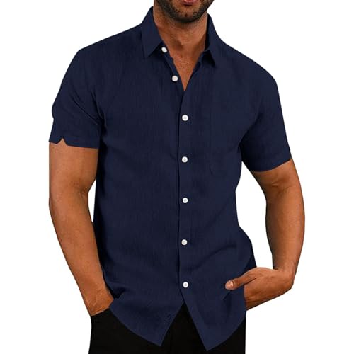 Rodawu Hemd Herren Kurzarm Leinenhemd Hawaii Freizeithemd Leichtes Sommerhemd Blau Hemd Herren von Rodawu