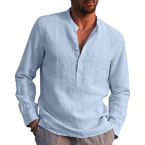 Rodawu Herren Hemd Langarm Leinen Hemden Leichtes Leinenhemd Freizeithemd Blau Hemd Herren von Rodawu