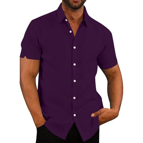 Rodawu Herren-Leinenhemden, Baumwolle, kurzärmelig, normale Passform, lässiger Sommerhemd, violett, XL von Rodawu
