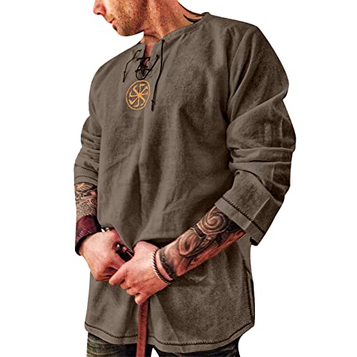 Rodawu Leinenhemd Herren Langarm Mittelalter Wikinger Hemden Freizeithemd Kaffee Hemd Herren von Rodawu
