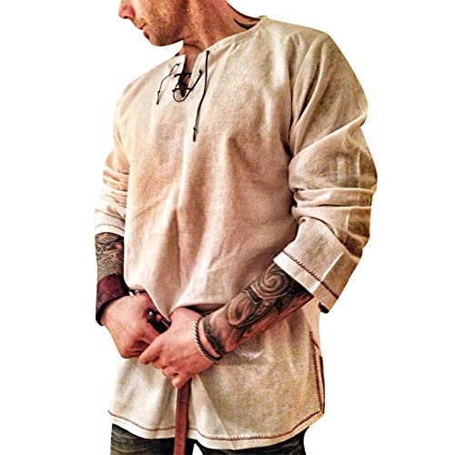 Rodawu Leinenhemd Herren Langarm Mittelalter Wikinger Hemden Freizeithemd Khaki Hemd Herren von Rodawu