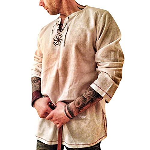 Rodawu Leinenhemd Herren Langarm Mittelalter Wikinger Hemden Freizeithemd Khaki Hemd Herren von Rodawu