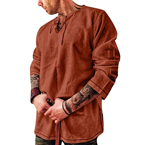 Rodawu Leinenhemd Herren Langarm Mittelalter Wikinger Hemden Freizeithemd Orange Hemd Herren von Rodawu
