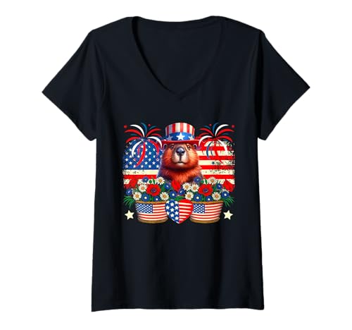 Damen Beaver 4th Of July US Flag Flowers Patriotic Rodent Lover T-Shirt mit V-Ausschnitt Damen Beaver 4th Of July US Flag Flowers Patriotic Rodent Lover T-Shirt mit V-Ausschnitt von Rodent 4th Of July Costume
