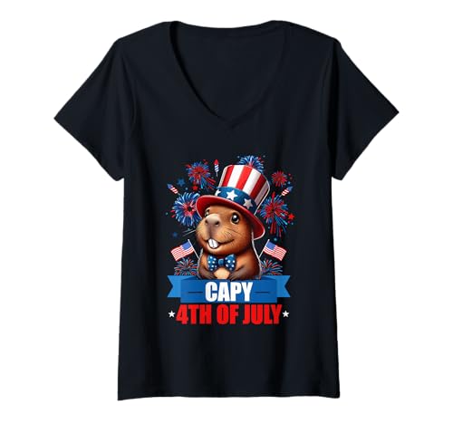Damen Capy 4th Of July US Flag Capybara Patriotic Costume Boys Men T-Shirt mit V-Ausschnitt Damen Capy 4th Of July US Flag Capybara Patriotic Costume Boys Men T-Shirt mit V-Ausschnitt von Rodent 4th Of July Costume