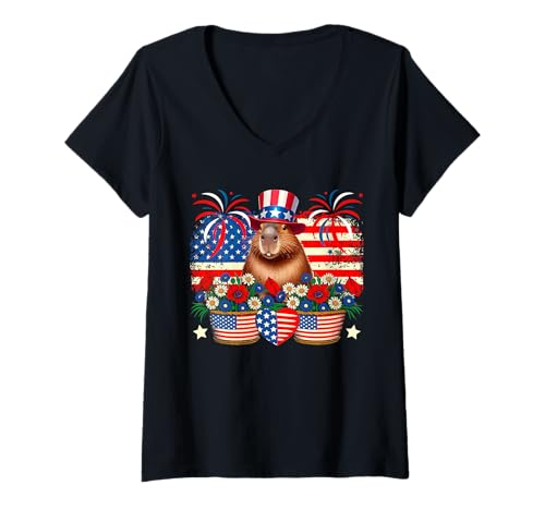 Damen Capybara 4th Of July US Flag Flowers Patriotic Rodent Lover T-Shirt mit V-Ausschnitt Damen Capybara 4th Of July US Flag Flowers Patriotic Rodent Lover T-Shirt mit V-Ausschnitt von Rodent 4th Of July Costume