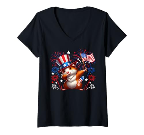 Damen Dabbing Meerschweinchen 4. Juli US-Flagge Feuerwerk Patriotisches Team T-Shirt mit V-Ausschnitt Damen Dabbing Meerschweinchen 4. Juli US-Flagge Feuerwerk Patriotisches Team T-Shirt mit V-Ausschnitt von Rodent 4th Of July Costume