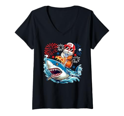 Damen Guinea Pig Riding Shark With Beer Pizza 4th July Patriotic T-Shirt mit V-Ausschnitt Damen Guinea Pig Riding Shark With Beer Pizza 4th July Patriotic T-Shirt mit V-Ausschnitt von Rodent 4th Of July Costume