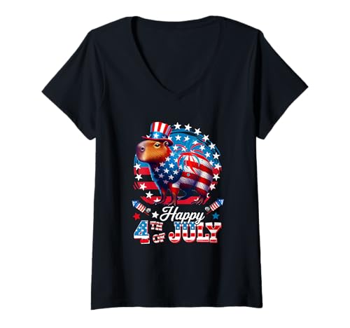 Damen Happy 4th Of July Capybara Sunglasses US Flag Patriotic T-Shirt mit V-Ausschnitt Damen Happy 4th Of July Capybara Sunglasses US Flag Patriotic T-Shirt mit V-Ausschnitt von Rodent 4th Of July Costume