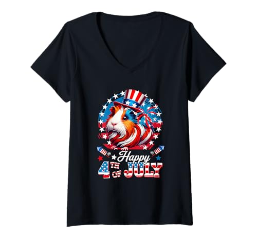 Damen Happy 4th Of July Guinea Pig Sunglasses US Flag Patriotic T-Shirt mit V-Ausschnitt Damen Happy 4th Of July Guinea Pig Sunglasses US Flag Patriotic T-Shirt mit V-Ausschnitt von Rodent 4th Of July Costume