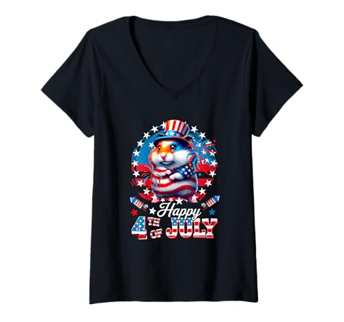 Damen Happy 4th Of July Hamster Sunglasses US Flag Patriotic T-Shirt mit V-Ausschnitt Damen Happy 4th Of July Hamster Sunglasses US Flag Patriotic T-Shirt mit V-Ausschnitt von Rodent 4th Of July Costume