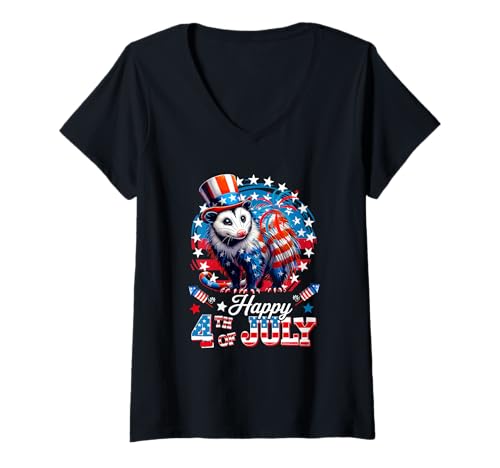 Damen Happy 4th Of July Opossum Sunglasses US Flag Patriotic T-Shirt mit V-Ausschnitt Damen Happy 4th Of July Opossum Sunglasses US Flag Patriotic T-Shirt mit V-Ausschnitt von Rodent 4th Of July Costume
