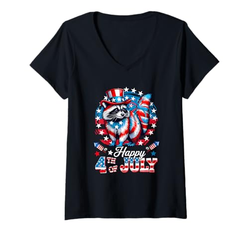 Damen Happy 4th Of July Raccoon Sunglasses US Flag Patriotic T-Shirt mit V-Ausschnitt Damen Happy 4th Of July Raccoon Sunglasses US Flag Patriotic T-Shirt mit V-Ausschnitt von Rodent 4th Of July Costume