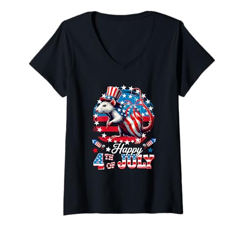 Damen Happy 4th Of July Rat Sunglasses US Flag Patriotic T-Shirt mit V-Ausschnitt Damen Happy 4th Of July Rat Sunglasses US Flag Patriotic T-Shirt mit V-Ausschnitt von Rodent 4th Of July Costume