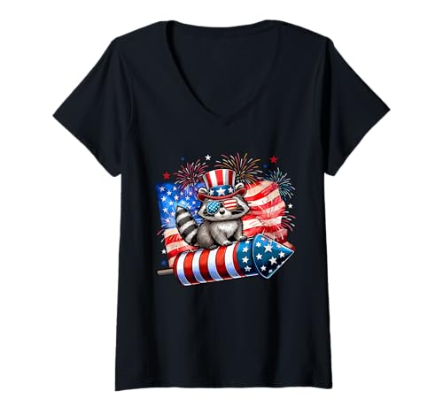 Damen Raccoon Sunglasses On Firecracker 4th July US Flag Patriotic T-Shirt mit V-Ausschnitt Damen Raccoon Sunglasses On Firecracker 4th July US Flag Patriotic T-Shirt mit V-Ausschnitt von Rodent 4th Of July Costume