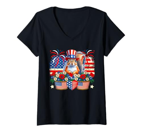 Damen Squirrel 4th Of July US Flag Flowers Patriotic Rodent Lover T-Shirt mit V-Ausschnitt Damen Squirrel 4th Of July US Flag Flowers Patriotic Rodent Lover T-Shirt mit V-Ausschnitt von Rodent 4th Of July Costume