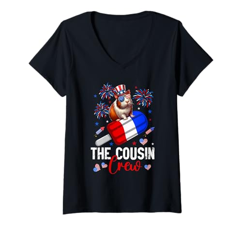 Damen The Cousin Crew 4th July US Flag Guinea Pig Riding Ice Cream T-Shirt mit V-Ausschnitt Damen The Cousin Crew 4th July US Flag Guinea Pig Riding Ice Cream T-Shirt mit V-Ausschnitt von Rodent 4th Of July Costume
