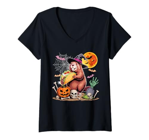 Damen Beaver Cosplay Witch Eating Taco Halloween Horror Skulls T-Shirt mit V-Ausschnitt von Rodent Halloween Costume