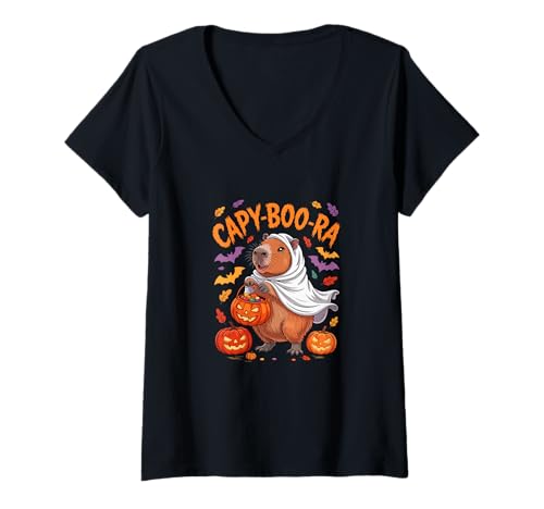 Damen Capy-Boo-ra Halloween Capybara Cosplay Boo Carved Pumpkins T-Shirt mit V-Ausschnitt von Rodent Halloween Costume