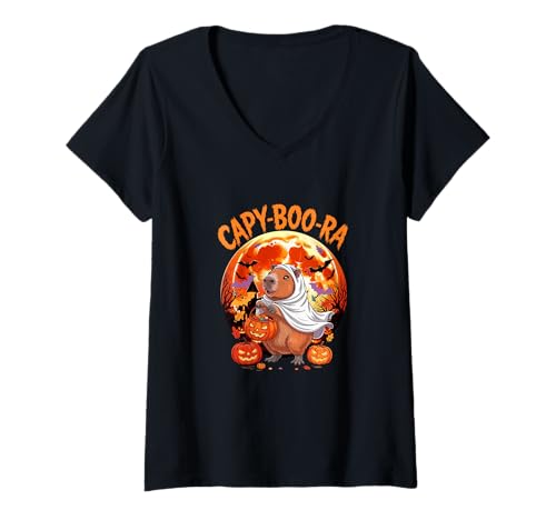 Damen Capy-Boo-ra Halloween Moon Costume Capybara Cosplay Boo T-Shirt mit V-Ausschnitt von Rodent Halloween Costume