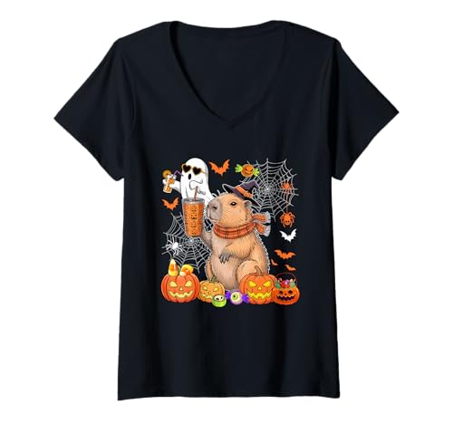 Damen Capybara As Witch Drinking Coffee Halloween Cute Boo Ghost T-Shirt mit V-Ausschnitt von Rodent Halloween Costume