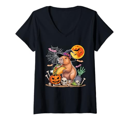 Damen Capybara Cosplay Witch Eating Taco Halloween Horror Skulls T-Shirt mit V-Ausschnitt von Rodent Halloween Costume