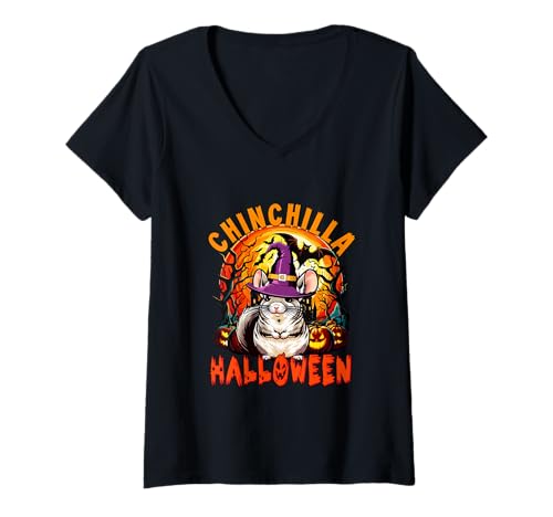 Damen Chinchilla Halloween Cosplay Hexe Horror Geschnitzte Kürbisse T-Shirt mit V-Ausschnitt von Rodent Halloween Costume