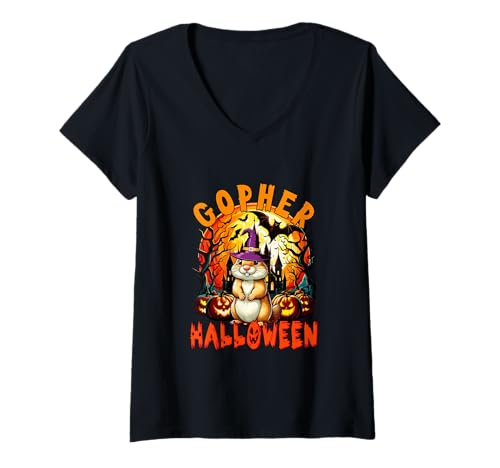 Damen Gopher Halloween Cosplay Hexe Horror Geschnitzte Kürbisse T-Shirt mit V-Ausschnitt von Rodent Halloween Costume