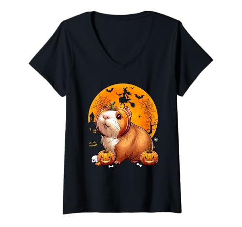 Damen Meerschweinchen Cosplay Geschnitzte Kürbisse Horror Kopf Halloween T-Shirt mit V-Ausschnitt von Rodent Halloween Costume