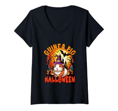 Damen Meerschweinchen Halloween Cosplay Hexe Horror Geschnitzte Kürbisse T-Shirt mit V-Ausschnitt von Rodent Halloween Costume