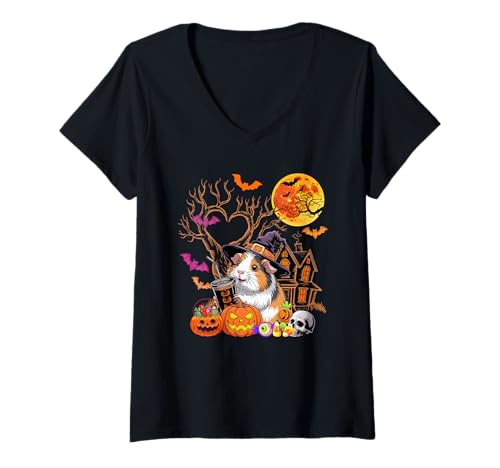 Damen Meerschweinchen als Hexe trinkt Kaffee Halloween geschnitzter Kürbis T-Shirt mit V-Ausschnitt von Rodent Halloween Costume