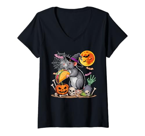 Damen Rat Cosplay Witch Eating Taco Halloween Horror Skulls T-Shirt mit V-Ausschnitt von Rodent Halloween Costume