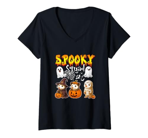 Damen Spooky Halloween Squad Three Cute Opossums Cosplay Witch T-Shirt mit V-Ausschnitt von Rodent Halloween Costume