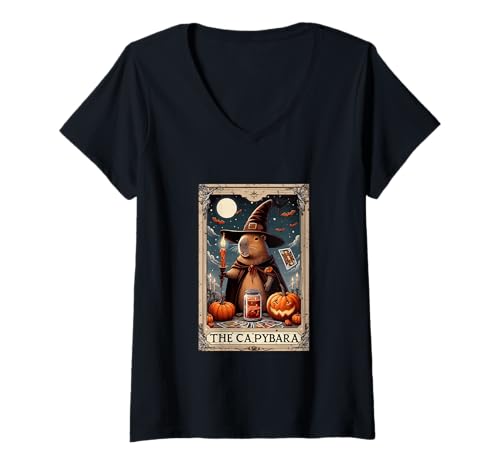 Damen The Capybara Halloween Witch Cute Tarot Card Lover Player T-Shirt mit V-Ausschnitt von Rodent Halloween Costume