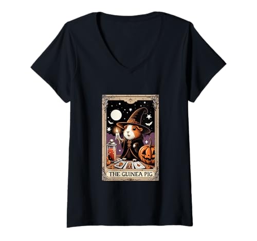 Damen The Guinea Pig Halloween Witch Cute Tarot Card Lover Player T-Shirt mit V-Ausschnitt von Rodent Halloween Costume