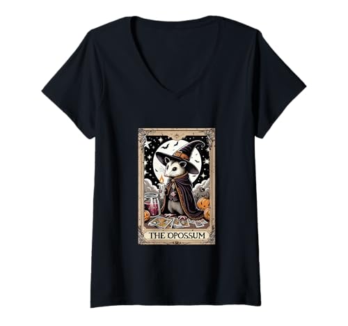 Damen The Opossum Halloween Witch Cute Tarot Card Lover Player T-Shirt mit V-Ausschnitt von Rodent Halloween Costume