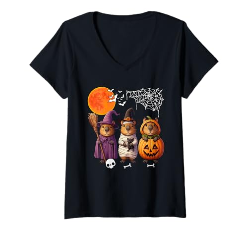 Damen Three Halloween Capybaras Cosplay Witch Mummy Carved Pumpkin T-Shirt mit V-Ausschnitt von Rodent Halloween Costume
