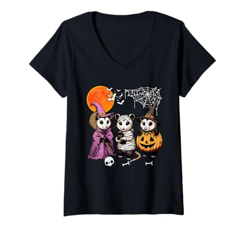 Damen Three Halloween Opossums Cosplay Witch Mummy Carved Pumpkin T-Shirt mit V-Ausschnitt von Rodent Halloween Costume