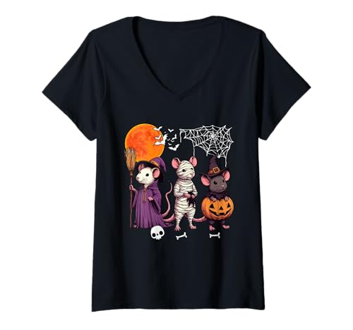 Damen Three Halloween Rats Cosplay Witch Mummy Carved Pumpkin T-Shirt mit V-Ausschnitt von Rodent Halloween Costume