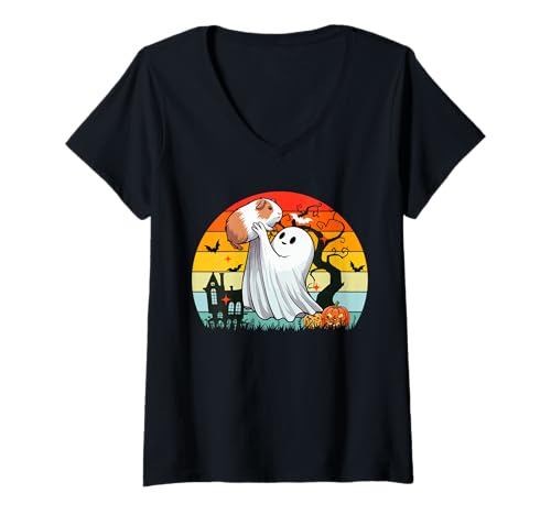 Damen Vintage Retro Boo Ghost Hunging Guinea Pig Halloween Family T-Shirt mit V-Ausschnitt von Rodent Halloween Costume