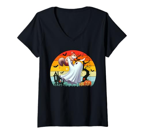 Damen Vintage Retro Boo Ghost Hunging Squirrel Halloween Family T-Shirt mit V-Ausschnitt von Rodent Halloween Costume