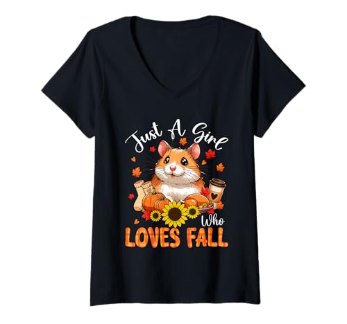 Damen A Girl Loves Fall Thanksgiving Signs Hamster Bow Tie Autumn T-Shirt mit V-Ausschnitt von Rodent Thanksgiving Costume