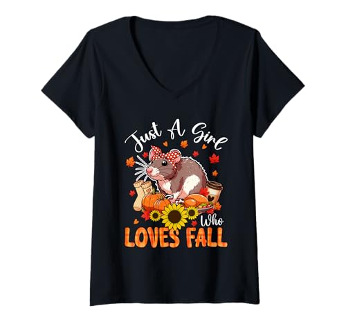 Damen A Girl Loves Fall Thanksgiving Signs Rat Bow Tie Autumn T-Shirt mit V-Ausschnitt von Rodent Thanksgiving Costume