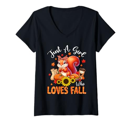 Damen A Girl Loves Fall Thanksgiving Signs Squirrel Bow Tie Autumn T-Shirt mit V-Ausschnitt von Rodent Thanksgiving Costume