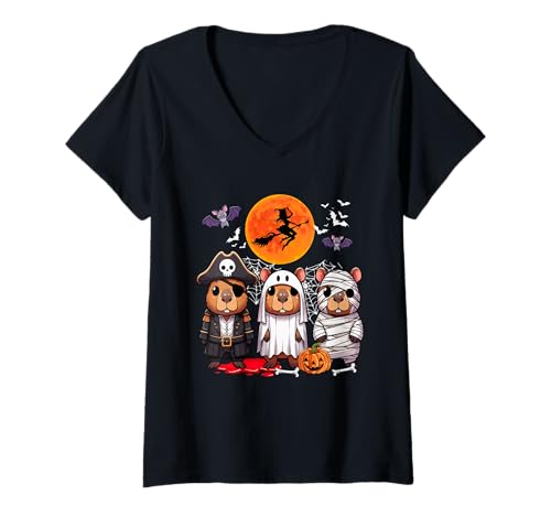 Damen Three Funny Capybaras Costume Pirate Boo Mummy Halloween T-Shirt mit V-Ausschnitt Damen Three Funny Capybaras Costume Pirate Boo Mummy Halloween T-Shirt mit V-Ausschnitt von Rodent Thanksgiving Costume