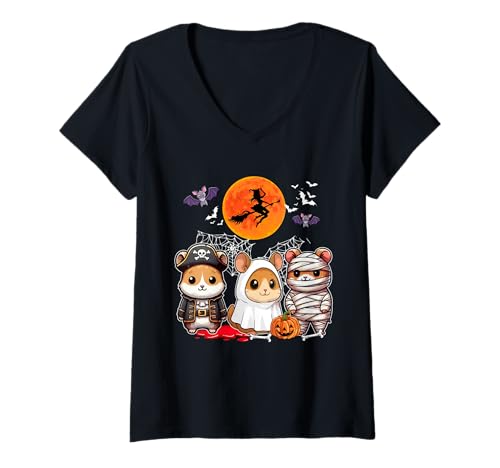 Damen Three Funny Hamsters Costume Pirate Boo Mummy Halloween Kids T-Shirt mit V-Ausschnitt Damen Three Funny Hamsters Costume Pirate Boo Mummy Halloween Kids T-Shirt mit V-Ausschnitt von Rodent Thanksgiving Costume
